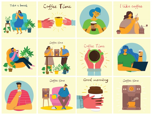 smiling people friend drinking coffee and talking. coffee time, take a break and relaxation vector concept cards. vector illustration in modern flat design style