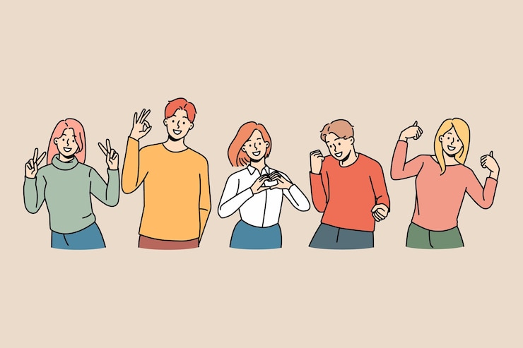 Vector 감정을 표현하는 손 제스처를 보여주는 웃는 사람들