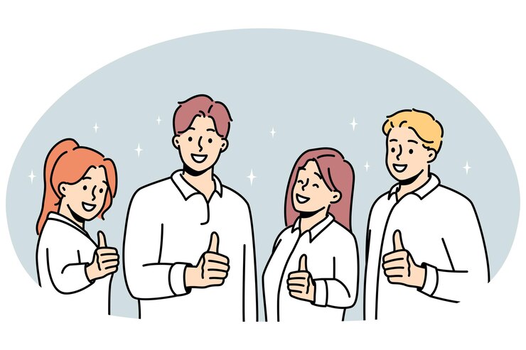 Vector 엄지손가락을 치켜드는 웃는 사람들은 서비스에 대한 추천을 제공합니다. 행복한 팀은 양질의 과정이나 작업을 추천합니다. 고용 개념 벡터 그림