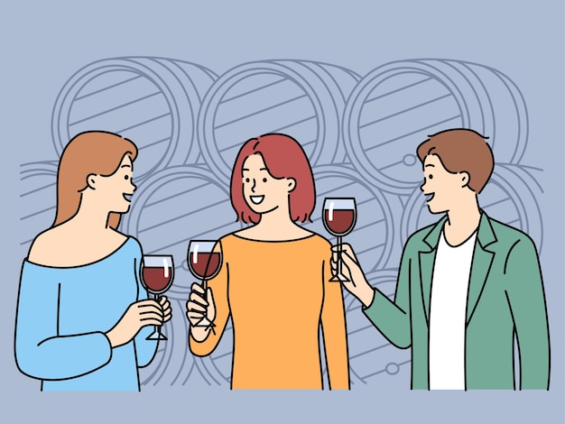 Smiling people tasting wine in cellar