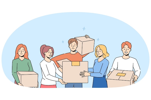 Vector smiling people with boxes moving together