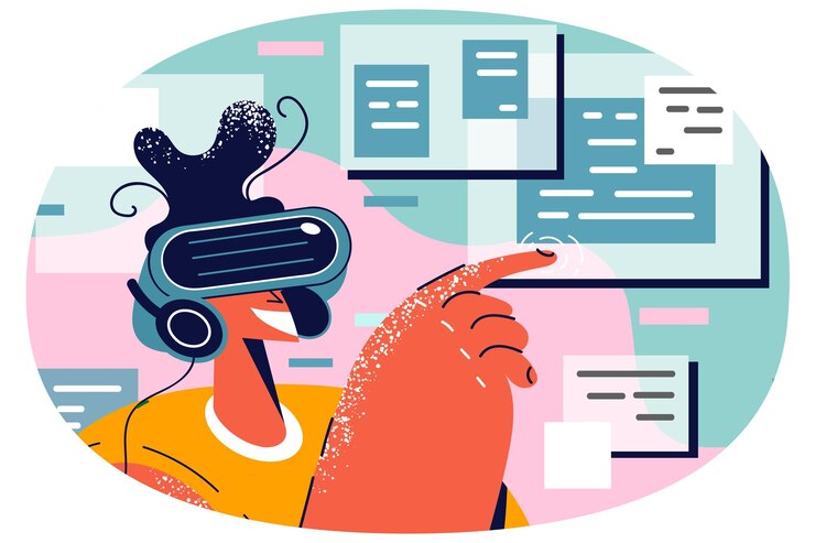 Vector smiling person in vr glasses explore new modern technologies happy user in virtual reality headset enjoy digital surroundings touching with finger vector illustration