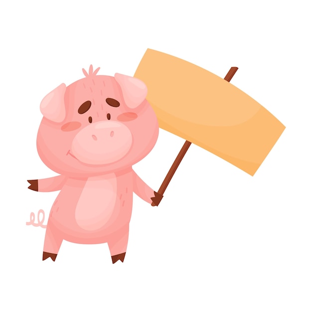 Vector smiling pink little pig holding banner with copyspace vector illustration