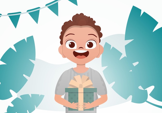 Smiling preschool boy holding a box with a bow in his hands Birthday Cartoon style