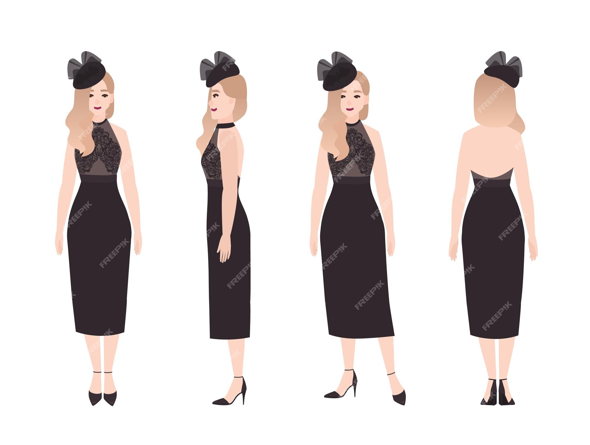 Premium Vector | Smiling pretty woman wearing elegant luxury black evening dress for formal occasion. stylish female character isolated on white background. front, side, back views. flat cartoon vector illustration. Premium Vector | Smiling pretty woman wearing elegant luxury black evening dress for formal occasion. stylish female character isolated on white background. front, side, back views. flat cartoon vector illustration.