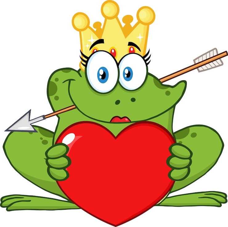 Vector smiling princess frog cartoon mascot character with crown and arrow holding a love heart