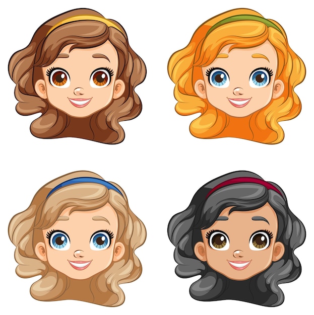 Vector smiling princess heads in beautiful vector illustrations