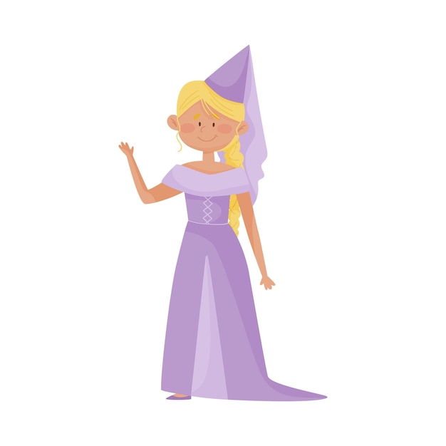 Vector smiling princess with blonde hair wearing cone shaped hat and dressy look garment vector