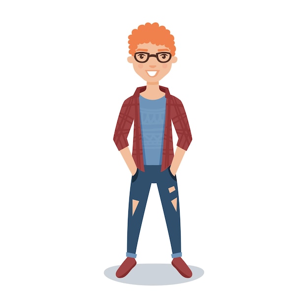 Smiling redheaded guy student in glasses, checkered shirt and ripped jeans cartoon character vector Illustration isolated on a white background