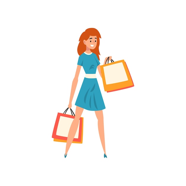 Vector smiling redheaded woman with shopping bags girl purchasing of goods and gifts vector illustration isolated on a white background