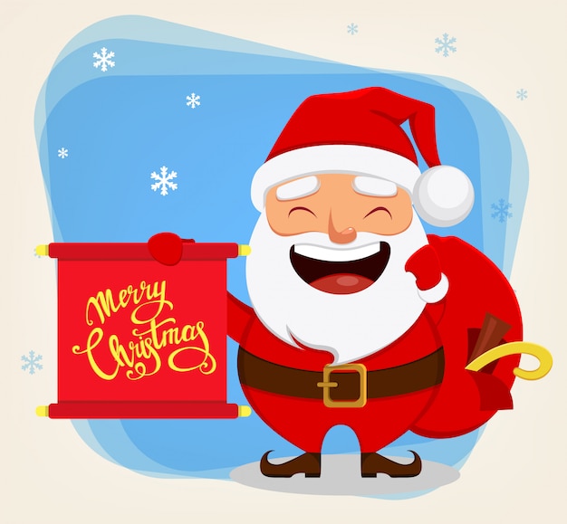 Smiling Santa holding bag with presents