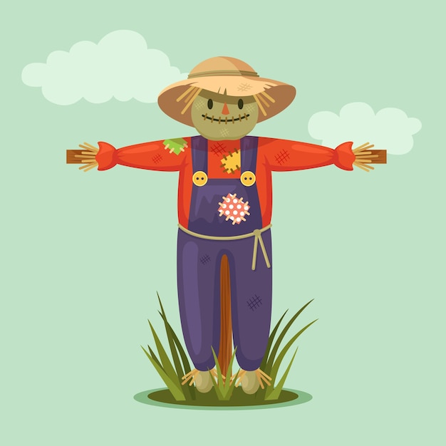 Vector smiling scarecrow in garden with clouds