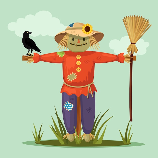 Smiling scarecrow with crow in garden. Cartoon flat design