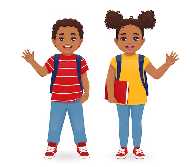 Vector smiling school boy and girl with backpack waving hand isolated vector illustration