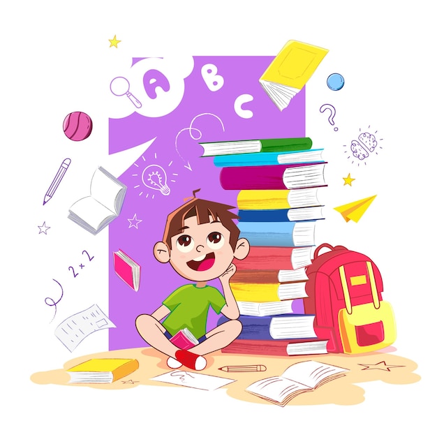 Smiling school kid with books, letters and numbers