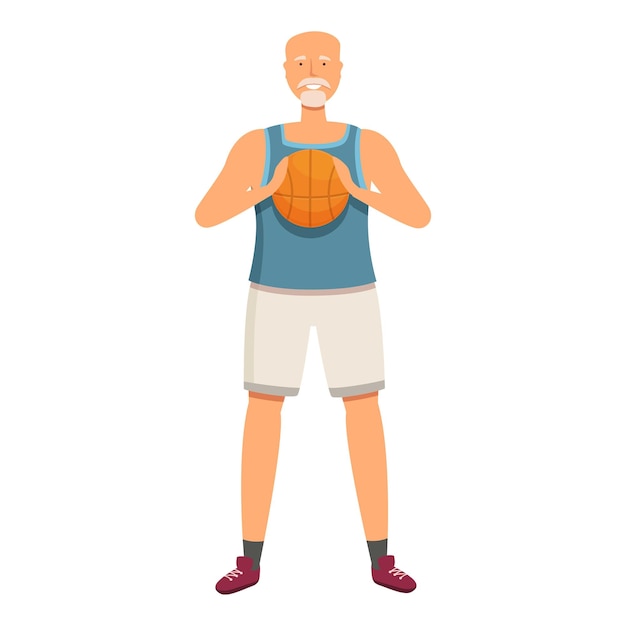 Vettore vettore di cartoni animati dell'atleta anziano sorridente gioco all'aperto di pallacanestro