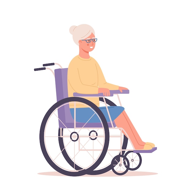 Улыбаясь старшая дама, сидящая в своей инвалидной коляске, пожилой пенсионер-инвалид, женщина, бабушка, изолированные