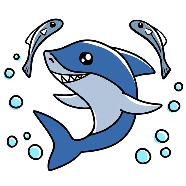 Smiling shark cartoon with sharksucker