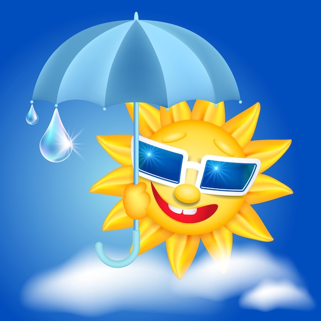 Smiling shines sun in glasses with umbrella and raindrops