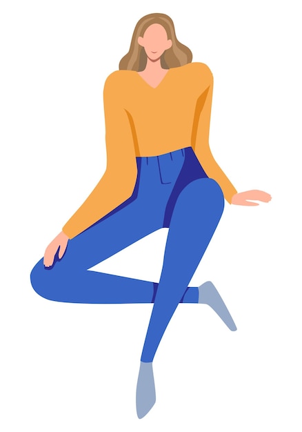 Вектор Улыбающаяся сидящая девушка в модном плоском стиле минималистическая векторная иллюстрация яркий клипарт, выделенный на белом для дизайна