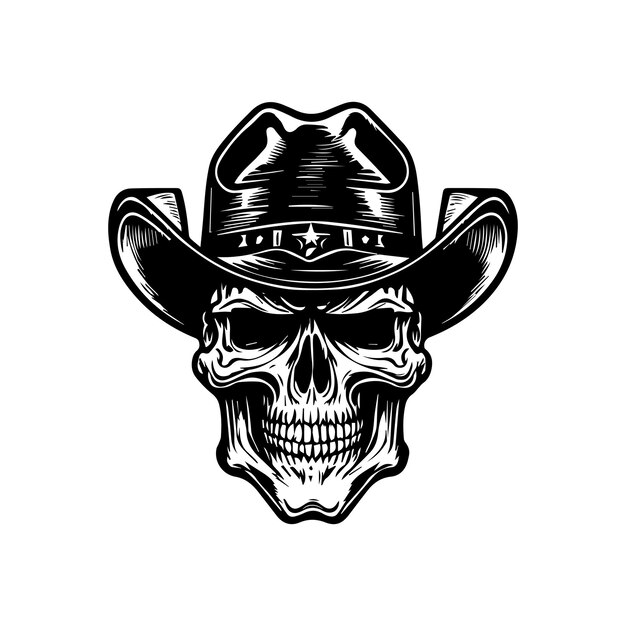 Smiling skull wearing cowboy hat a Hand drawn illustration depicting a skull with a wide grin