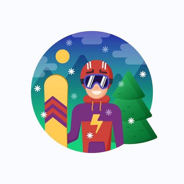 Улыбающийся сноубордист в шлеме со сноубордом векторная иллюстрация в плоском стиле с горами и сосновым снежным фоном инструктор по лыжам или гид спортивная икона или баннер на открытом воздухе