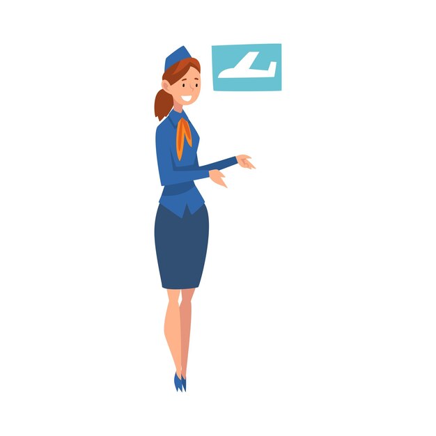 Stewardess sorridente personaggio che indossa un'uniforme blu che fa il gesto di benvenuto illustrazione vettoriale su sfondo bianco