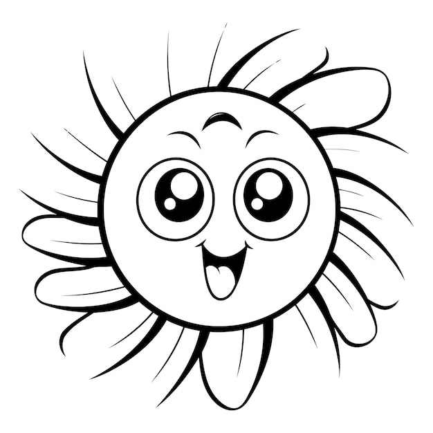 Vettore personaggio di cartone animato del sole sorridente illustrazione in bianco e nero isolata su sfondo bianco