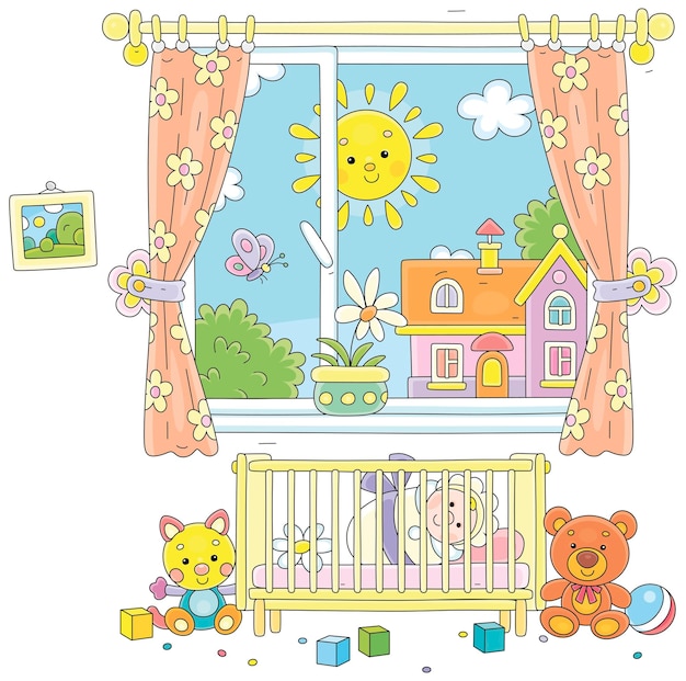 Vector smiling sun in a nursery window and a cute newborn baby lying in a small cot among funny toys