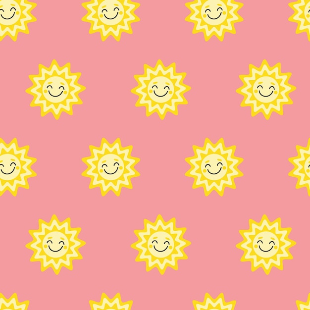 Улыбающееся солнце Бесшовный узор с улыбающимся солнцем на розовом фоне Плоский мультфильм Изолированная векторная иллюстрация eps 10