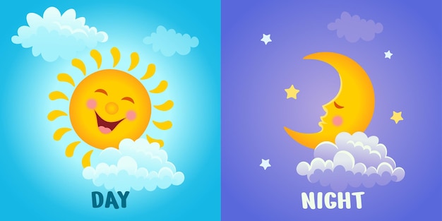 Vector smiling sun with clouds and a sleeping month with stars