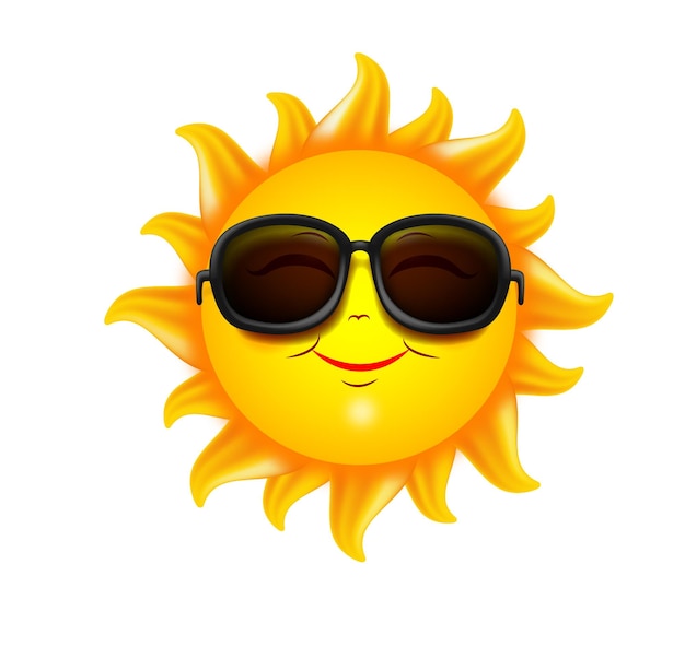 Улыбающееся солнце с ярким улыбающимся солнцем в прохладных синих солнцезащитных очках. Векторные иллюстрации вектора охлаждающего стекла.