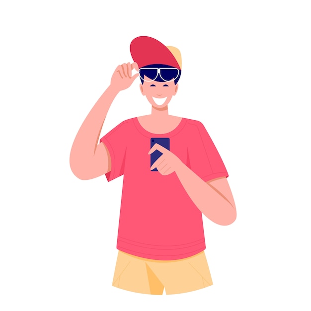 Vector smiling and surprised man looking smartphone