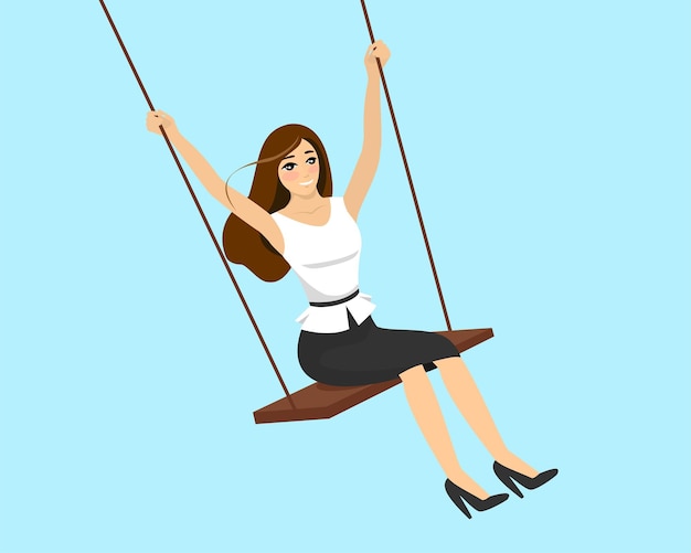 Smiling swinging beautiful woman happy successful businesswoman relaxing and playing on swing female