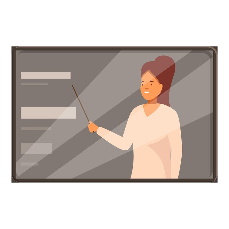 Vector smiling teacher explaining lesson pointing at blackboard with pointer