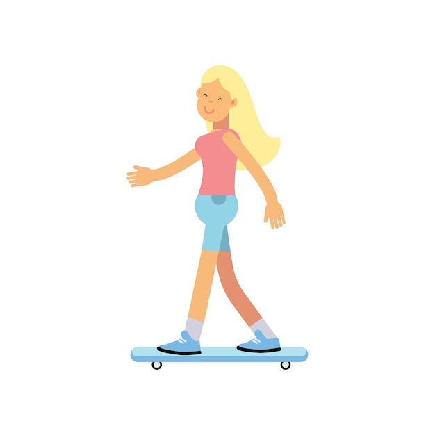 Smiling teen girl scateboarding, active lifestyle vector Illustration on a white background