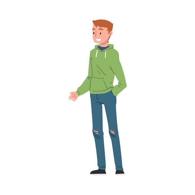 smiling teenage boy wearing sweatshirt and ripped jeans schoolboy student classmate or friend positive character cartoon style vector illustration