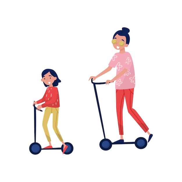 Smiling teenager girl with her little sister riding on kick scooters Kids having fun outdoor Active lifestyle Flat vector design