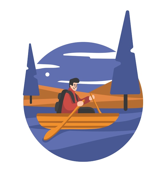 Vector smiling tourist guy with backpack floats down river in mountains in forest at night character doing camping during their vacation visiting sightseeing vector