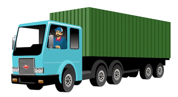 Vector smiling truck driver driving big cargo truck