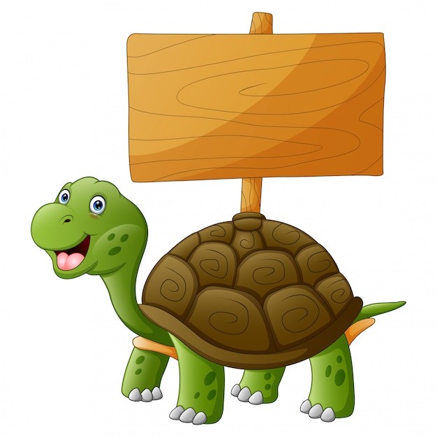 A smiling turtle with empty wooden plank