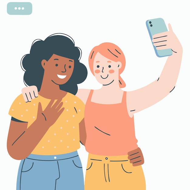 smiling two girls taking selfie on smartphone together flat cartoon character illustration