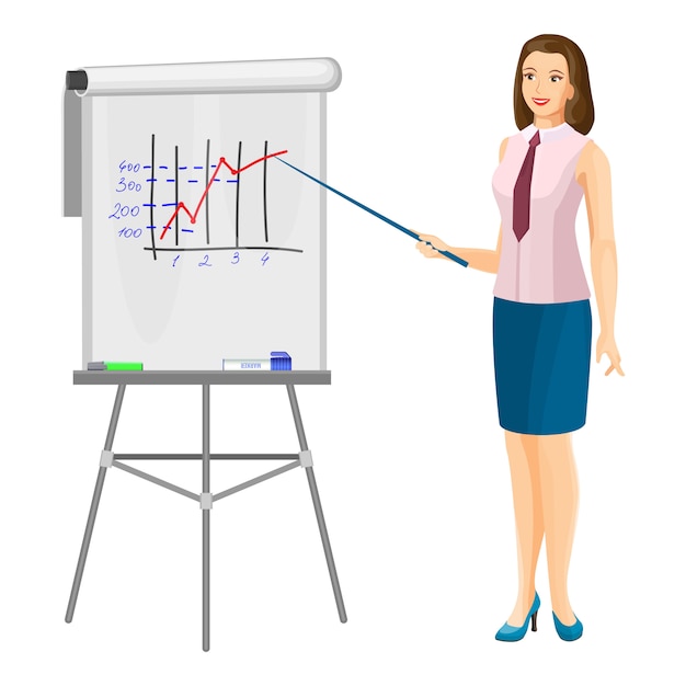 Smiling uniformed business woman standing near flip chart 