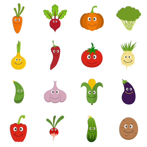 Smiling vegetables icons set 