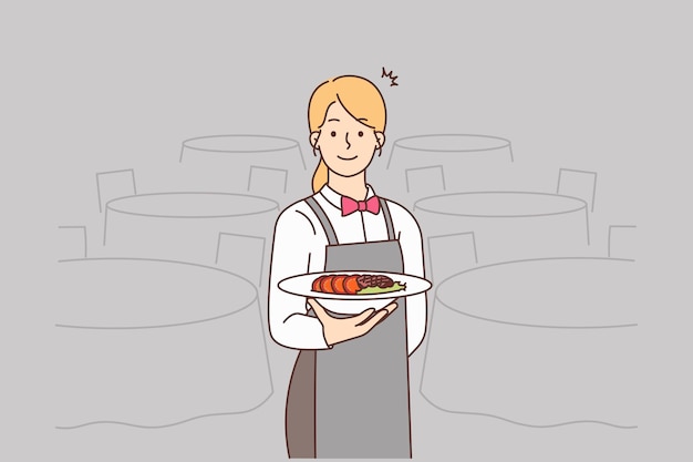 Smiling waitress serving meal in restaurant