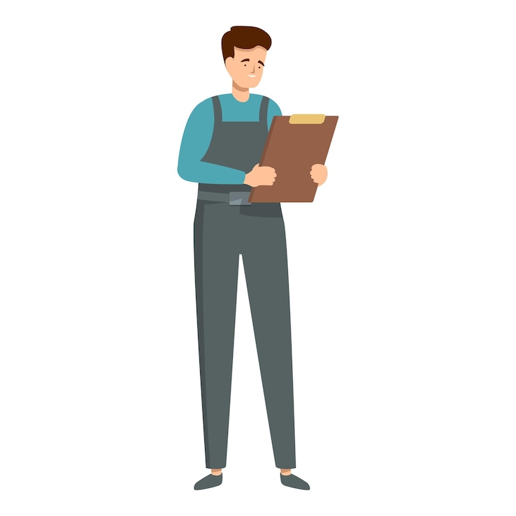 Vector smiling warehouse worker holding clipboard checking inventory