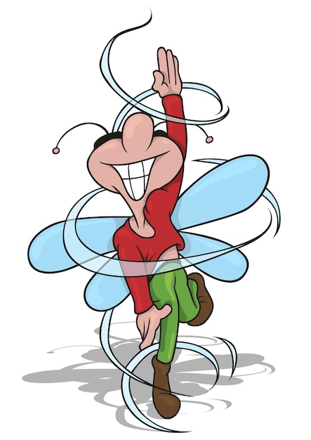 Vector smiling winged beetle spinning in a pirouette