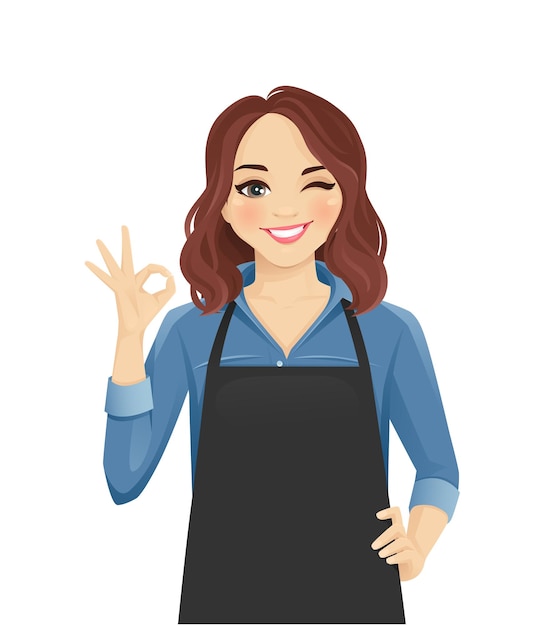 Vector smiling woman in apron gesturing ok sign isolated vector illustration