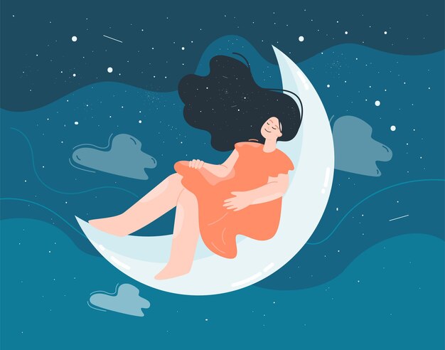 Smiling woman in calm sleep on moon in night sky. Cartoon person sleeping, dreaming or relaxing flat vector illustration. Dream, fantasy, deep or REM sleep concept for banner or landing web page