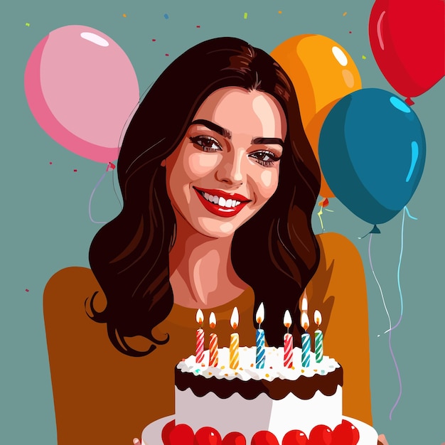 Vettore donna sorridente che celebra il compleanno con torta e palloncini illustrazione vettoriale